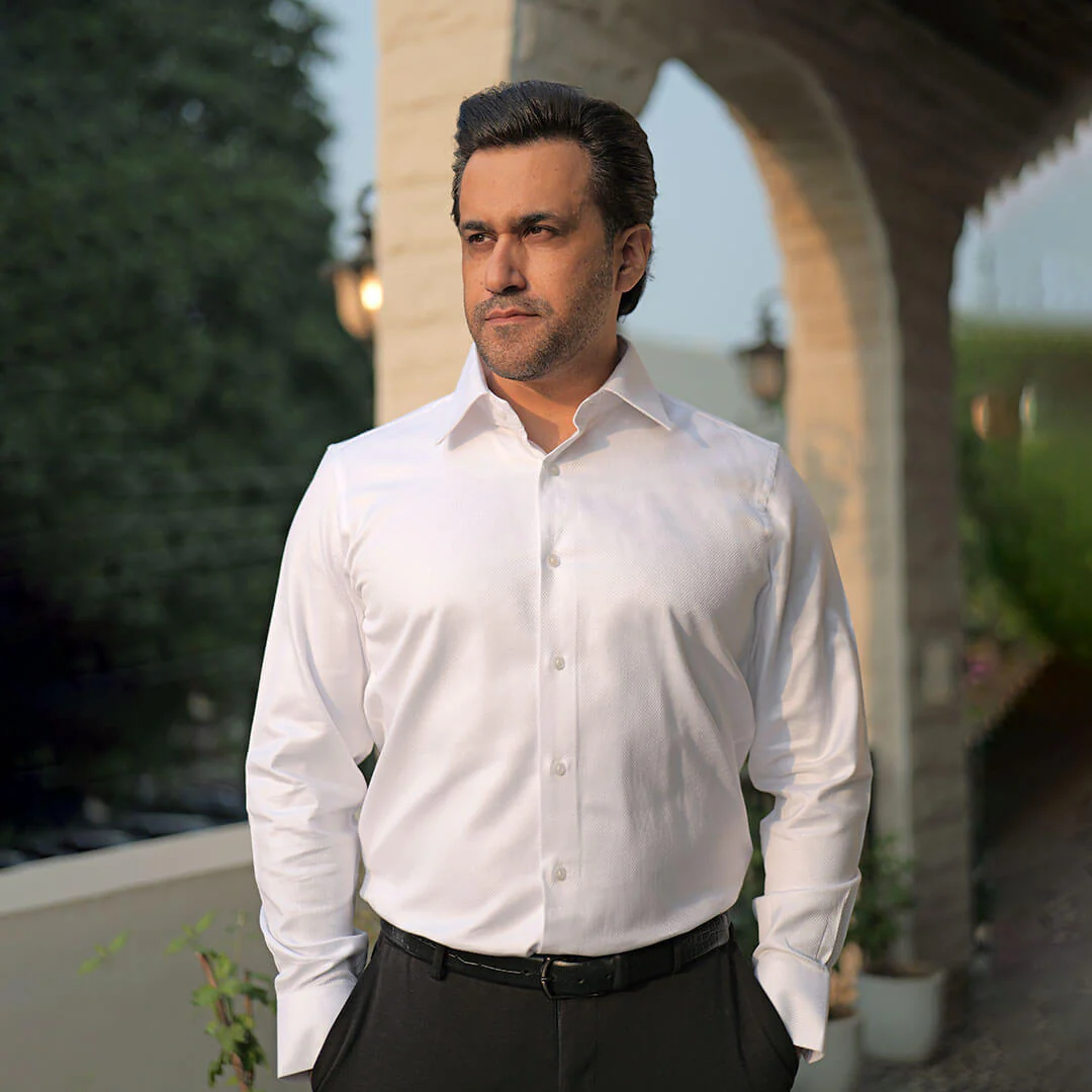 Diamond Dobby 2 Ply Cotton Shirt in Cloud White