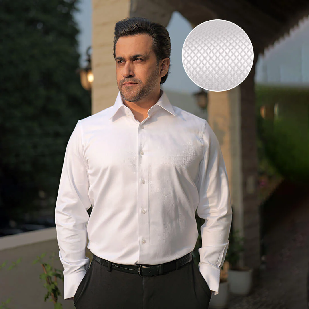 Diamond Dobby 2 Ply Cotton Shirt in Cloud White - Image 6