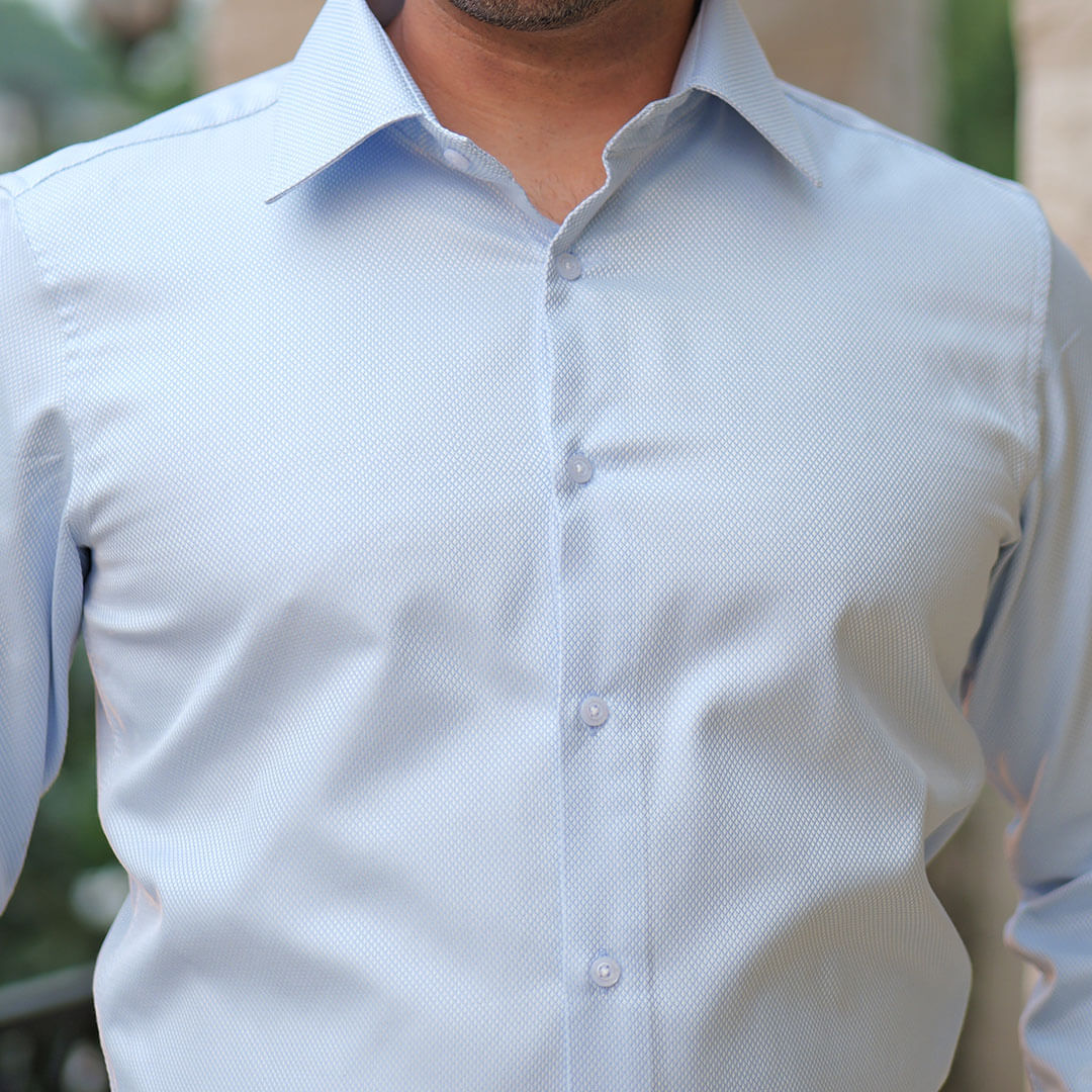 Diamond Dobby 2 Ply Cotton Shirt in Ice Blue - Image 3